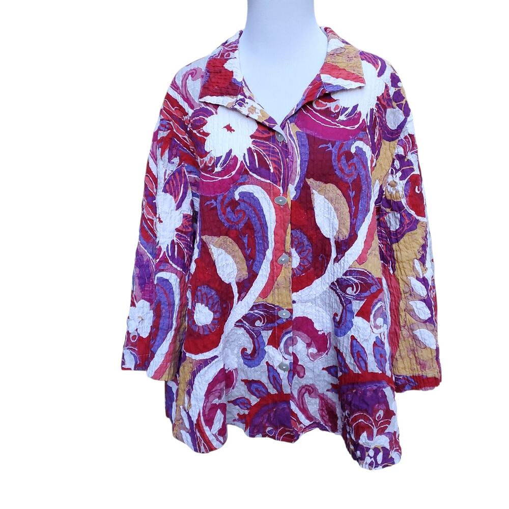 Habitat Pink Red Purple Floral Button Down Top Crinkle Lagenlook Boxy Sz L